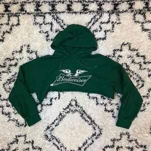 Womens Green PacSun Budweiser Chopper Embroidered Pullover Cropped Hoodie Large